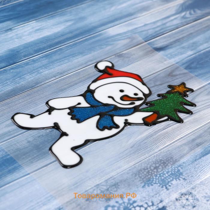 Наклейка на стекло "Снеговик в синем шарфе с ёлкой" 10х15 см