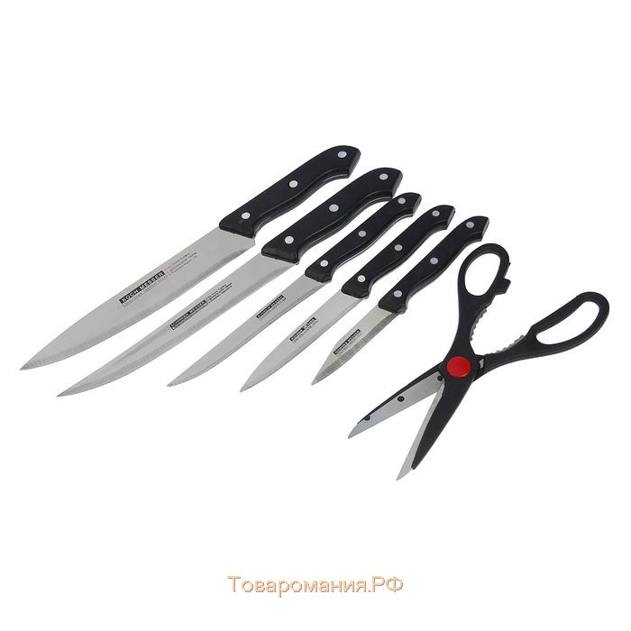 Набор ножей кухонных на подставке, 6 предметов: ножи 8 см, 11 см, 13 см, 19 см, 20 см, ножницы, цвет чёрный