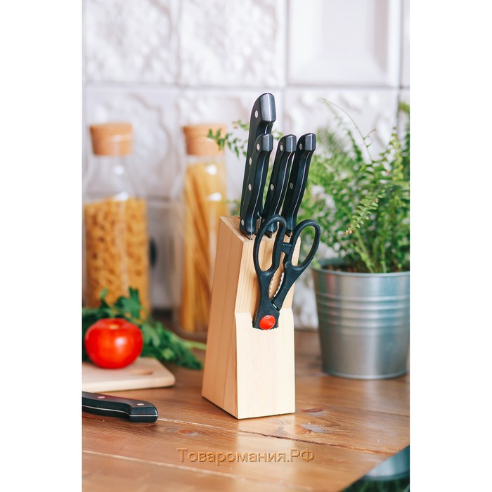 Набор ножей кухонных на подставке, 6 предметов: ножи 8 см, 11 см, 13 см, 19 см, 20 см, ножницы, цвет чёрный