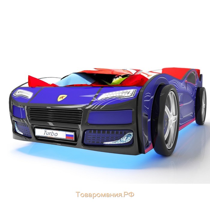 Кровать машина «Турбо синяя», подсветка дна и фар, пластиковые колёса, 2 шт