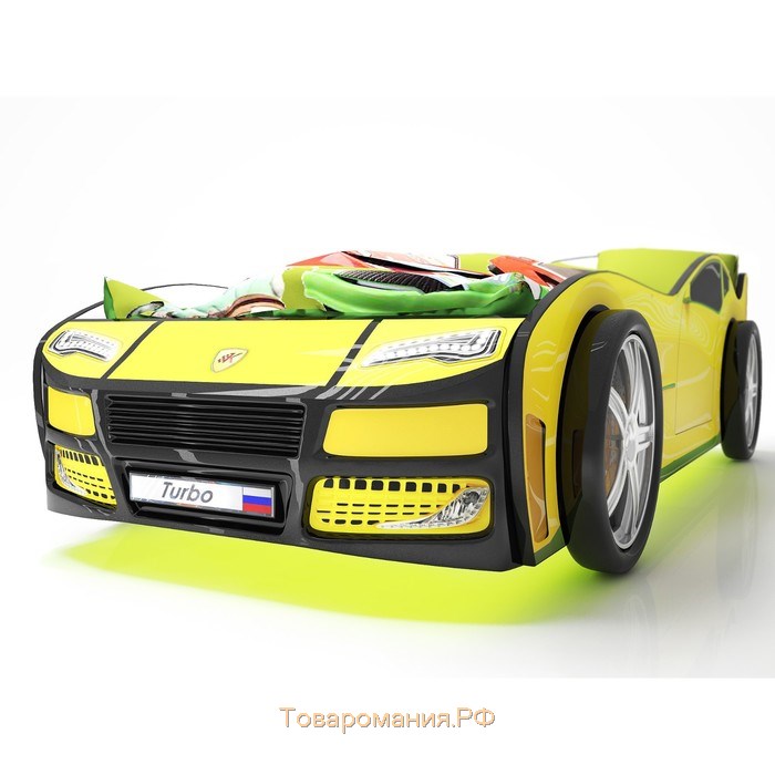 Кровать машина «Турбо жёлтая», подсветка дна и фар, пластиковые колёса, 2 шт