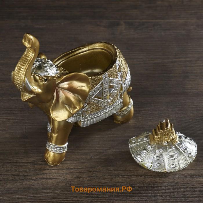 Шкатулка полистоун "Золотой слон в зеркальной попоне" 15х13,7х6,5 см
