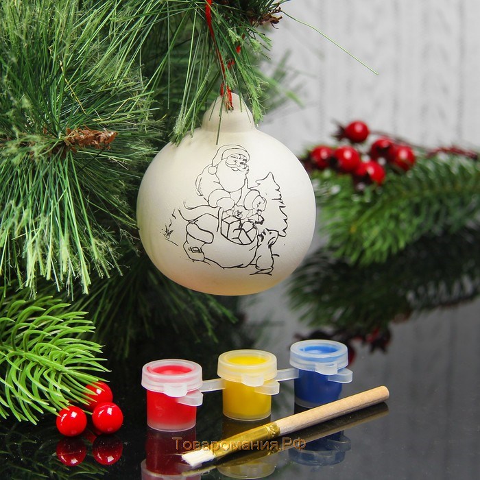 Новогодний шар под раскраску "Дед Мороз с подарками", d=5,5 см, с подвесом, краска 3 цвета по 2 мл, кисть