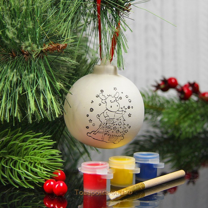 Новогодний шар под раскраску «Украшаем ёлку» с подвесом, краска 3 цв. по 2 мл, кисть