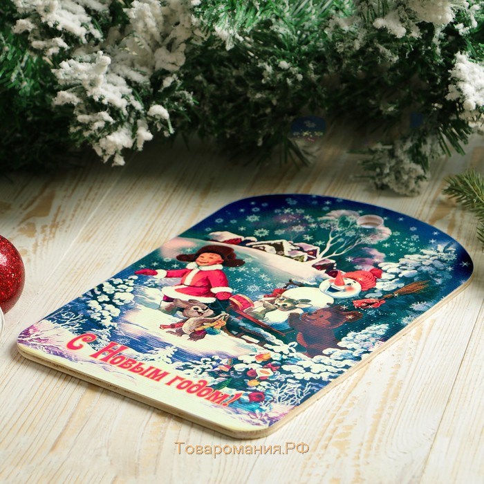 Доска разделочная сувенирная "С Новым годом. Дети и Снеговик", 27,5х19,5см