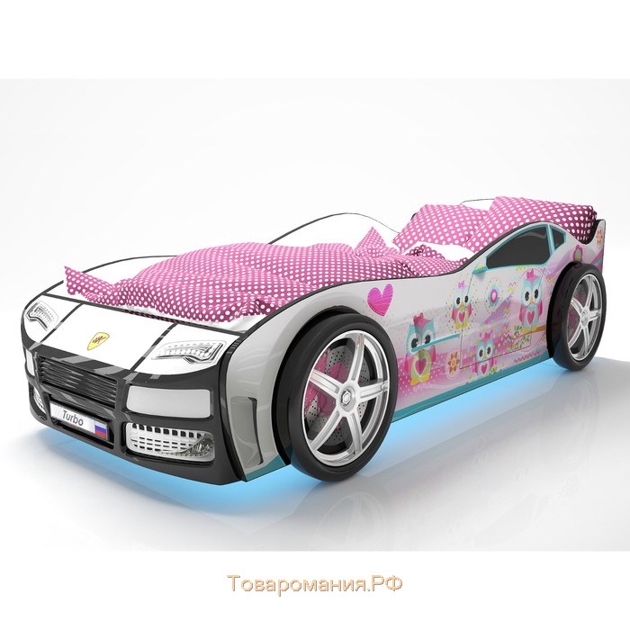 Кровать машина «Турбо белая 2», подъёмный матрас, подсветка дна и фар, пластиковые колёса
