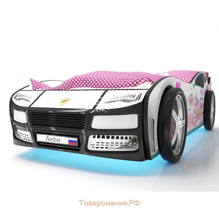 Кровать машина «Турбо белая 2», подъёмный матрас, подсветка дна и фар, пластиковые колёса