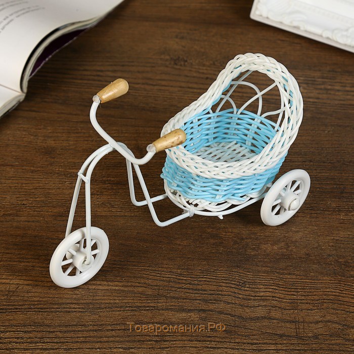 Корзина декоративная "Велосипед с коляской" голубая 9,5х16х6,5 см