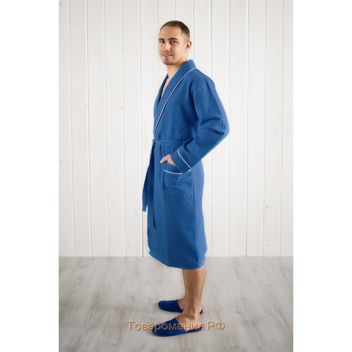 Халат мужской, шалька+кант, размер 62, цвет синий, вафля