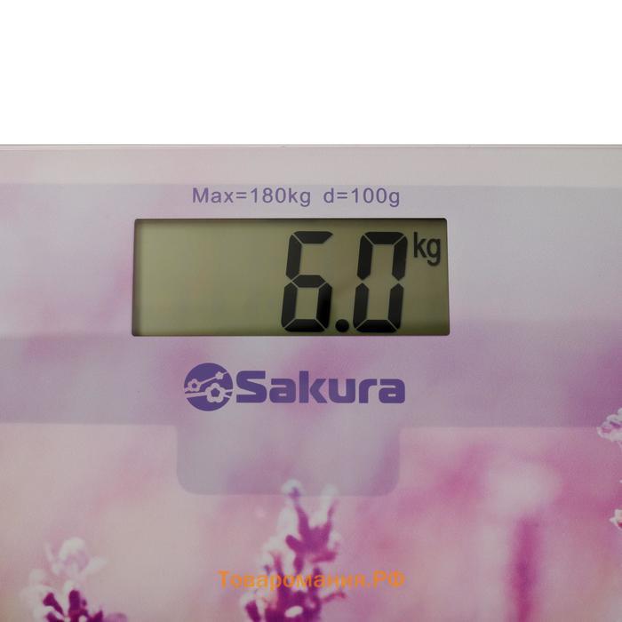 Весы напольные Sakura SA-5072LF, электронные, до 180 кг, 1хCR2032, стекло, "лаванда"