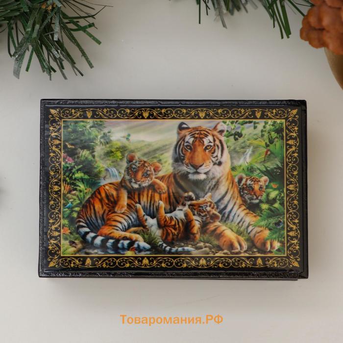 Шкатулка «Семья тигров», 6х9 см, лаковая миниатюра