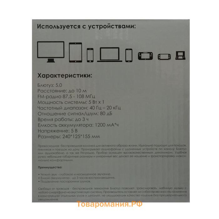 Портативная колонка SK1006BN, microSD/USB, Bluetooth 5.0, 5 Вт, 1200 мАч, коричневая