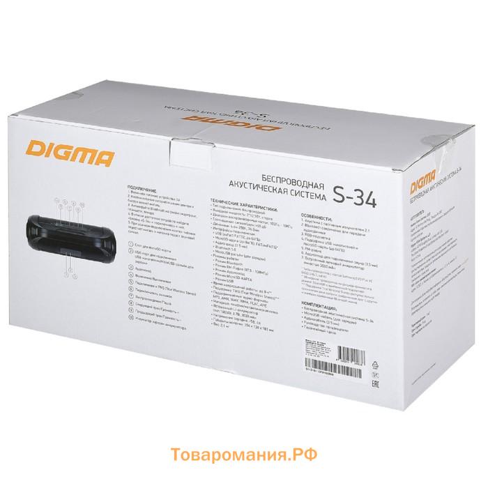 Портативная колонка Digma S-34, 25 Вт, 3000 мАч, microSD, BT, USB, FM, подсветка, черная