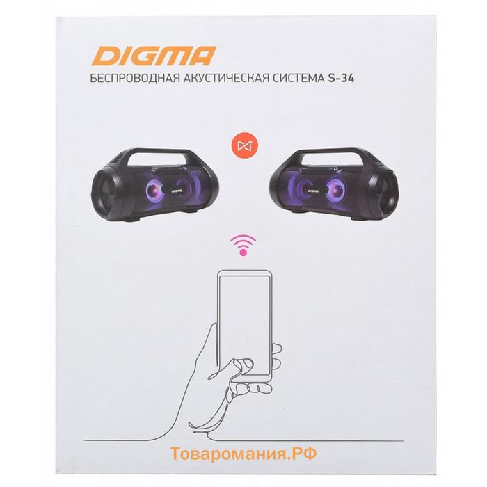 Портативная колонка Digma S-34, 25 Вт, 3000 мАч, microSD, BT, USB, FM, подсветка, черная