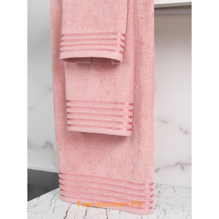 Полотенце махровое, размер 50x90 см, розовое с бордюром полоса