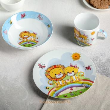 Набор детской посуды «Львята», 3 предмета: кружка 230 мл, миска 400 мл, тарелка d=18 см, цвет белый